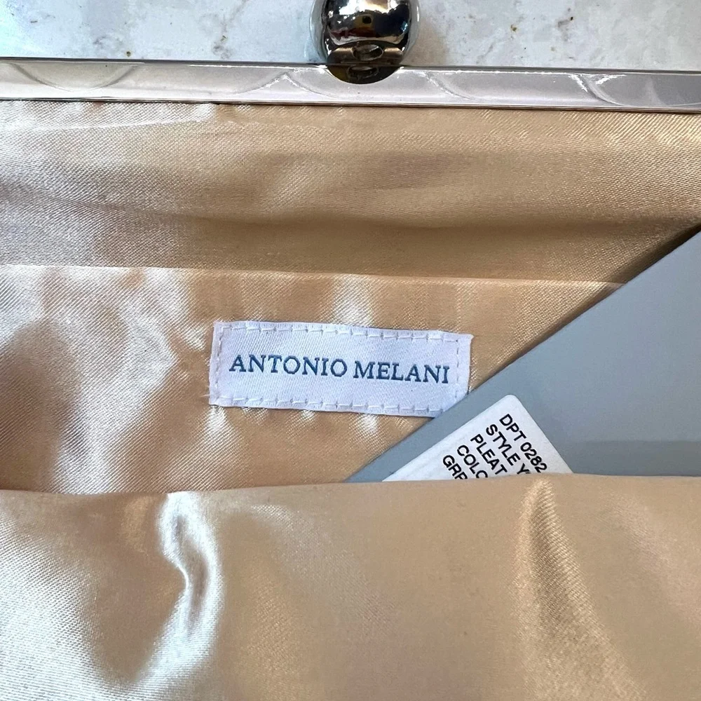 Antonio Melani Pleat Front Metallic Clutch Champagne Fabric Silver Hardware NWT
